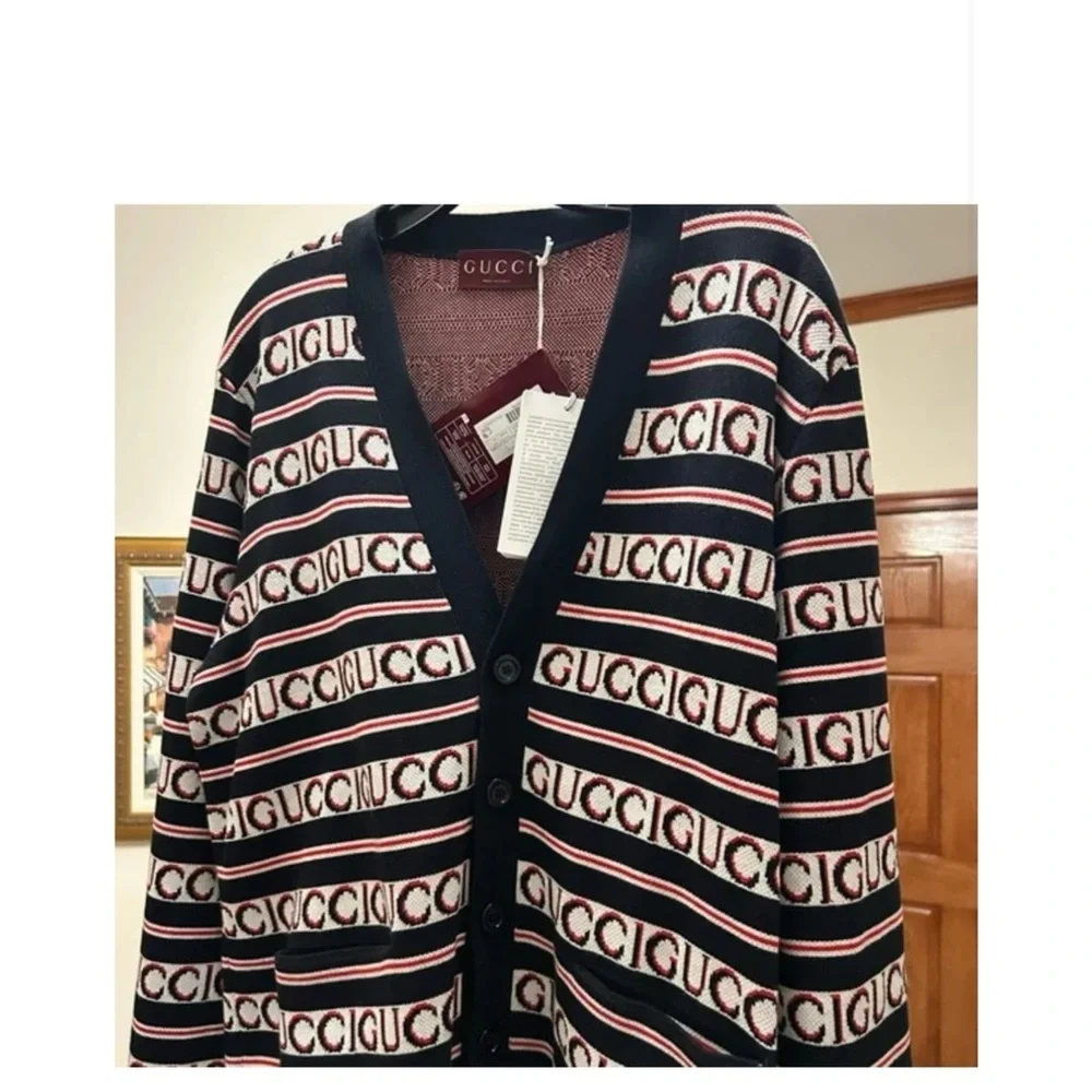 Gucci logo, cotton jacquard cardigan in ink, red and white size XL